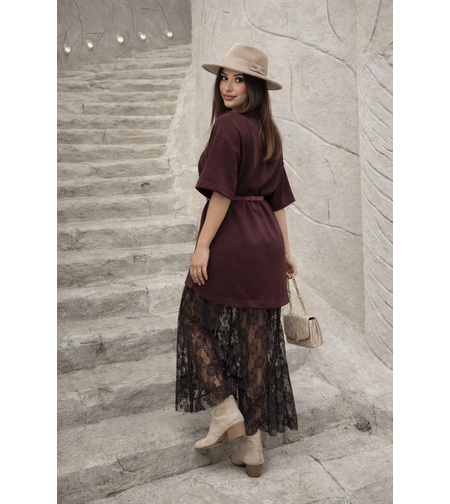 Oyssho Chic Mocha- Овърсайз рокля тип тениска с дантела
