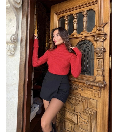 Плетен пуловер с поло яка Classic Warm Red