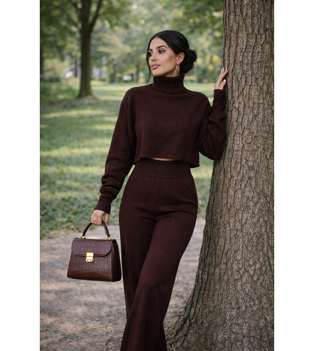 Mocha Cozy Elegance Set - плетен комплект с пуловер и панталон
