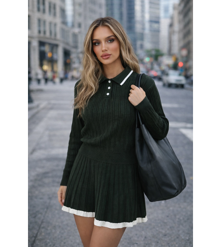 Плетен комплект с якичка и плисирана пола Soft Chic Green