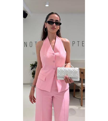 Back Charm  Pink- Костюм от елек с гол гръб и широк панталон