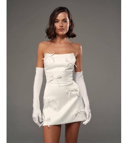Bow Elegance Dress - Бяла мини рокля с панделки и дълги ръкавици