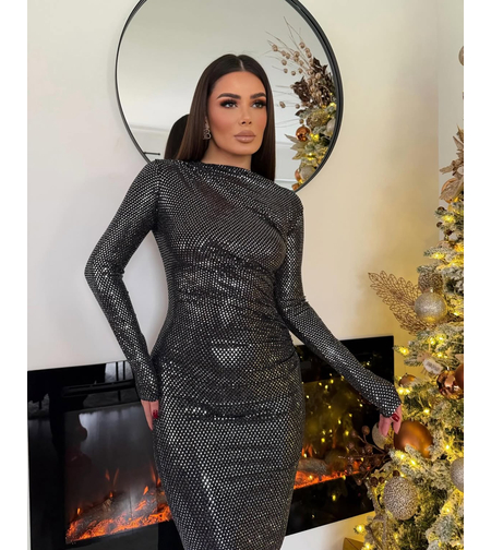 Дълга блестяща рокля по тялото с дълъг ръкав – графит