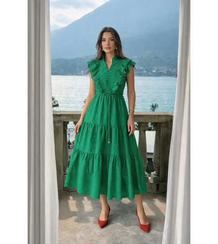 Дълга рокля с английска бродерия Green