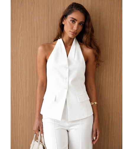 Back Charm white-  Костюм от елек с гол гръб и широк панталон