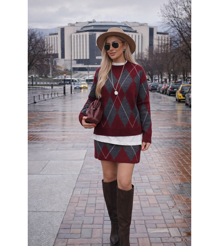 Urban Argyle  Bordo – Вълнен комплект пуловер и пола