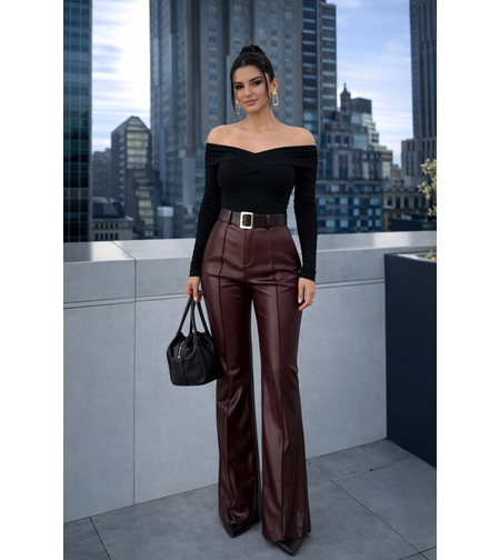 Кожен панталон High Rise Flare с колан Burgundy