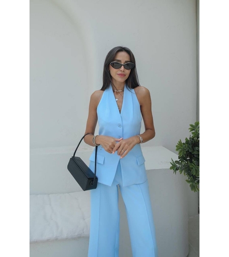 Back Charm Blue -  Костюм от елек с гол гръб и широк панталон