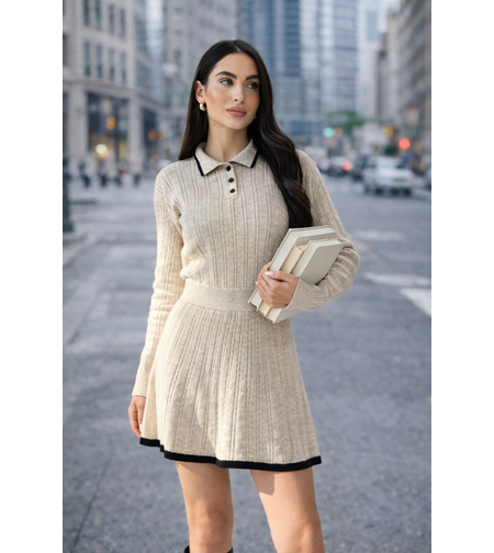 Плетен комплект с якичка и плисирана пола Soft Chic Beige