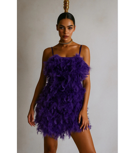 “Champagne Feathe ” purple - Къса рокля с пера