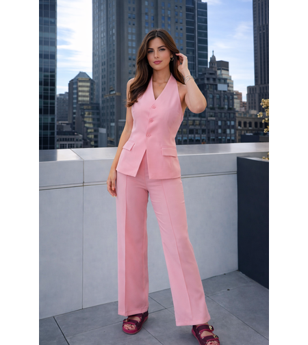 Back Charm  Pink- Костюм от елек с гол гръб и широк панталон