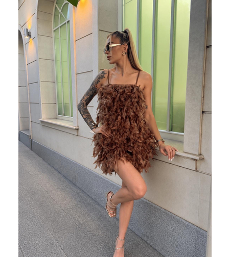 “Champagne Feathe ” brown - Къса рокля с пера