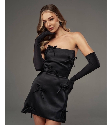 Black Bow Mini Dress - Черна сатенена рокля с панделки