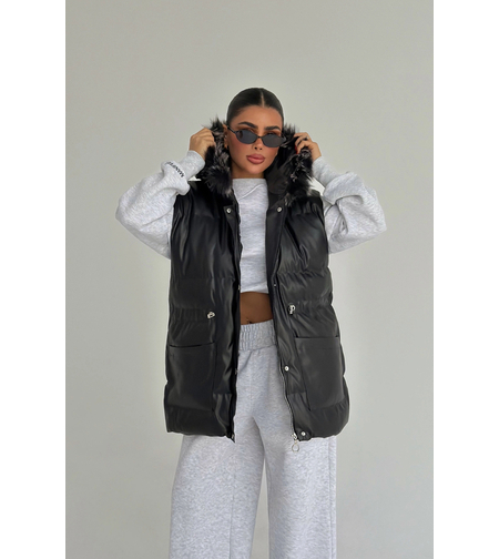 Nordic Chic – Издължен пухен елек/грейка с пухена качулка