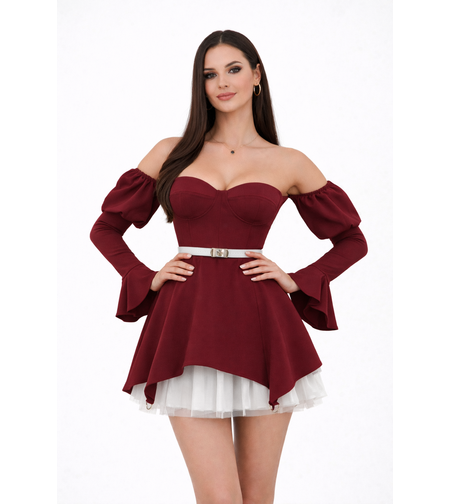 Bordo Diva – Рокля с паднало рамо и разкроена пола