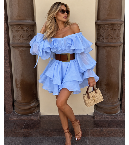 “ Azure Santorini “ blue -  ефирна рокля с 3D волани