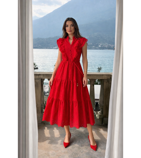 Дълга рокля с английска бродерия Red