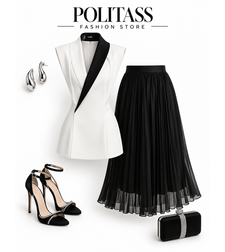 “ Black & White”  -  Elegance Dress - Елегантна рокля с контрастна яка и шифонена пола