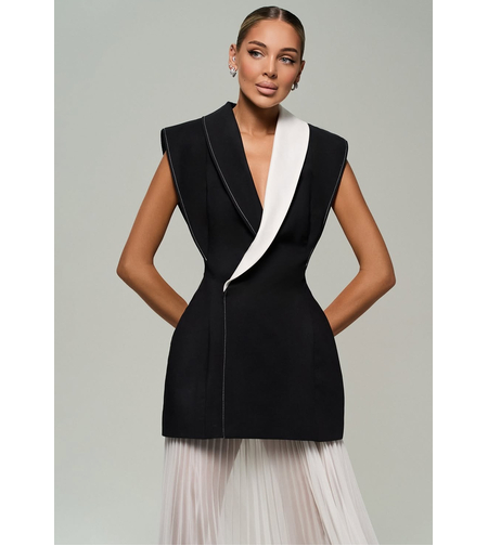 Pleated -  Elegance Dress - Черно-бяла елегантна рокля с плисирана пола