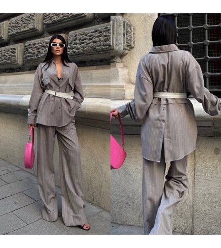 Спортно елегантен костюм от риза и панталон -Сив