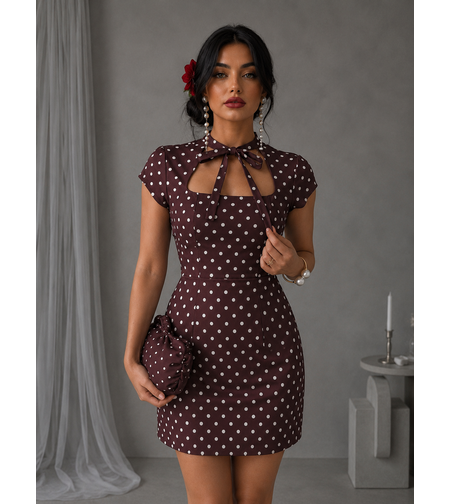 “ Paris Chic” brown - Елегантна рокля на точки