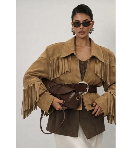 “ Western Chic” camel - Велурено яке с ресни
