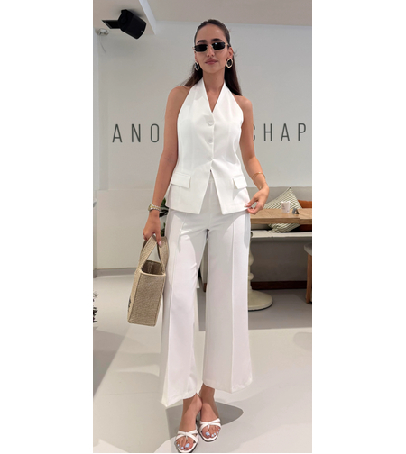 Back Charm white-  Костюм от елек с гол гръб и широк панталон