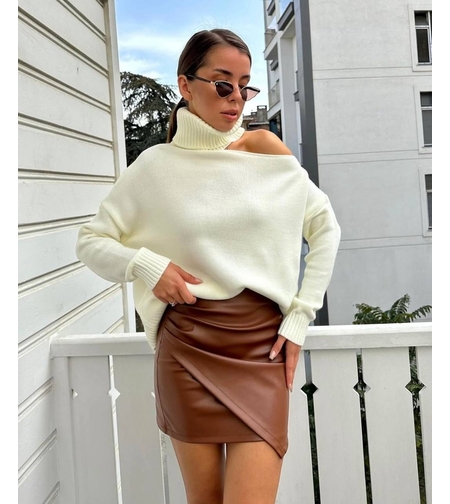 Кожена пола „Elegance“ Mocha с висока талия