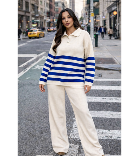 Широк комплект от плетиво с издължен пуловер Бял