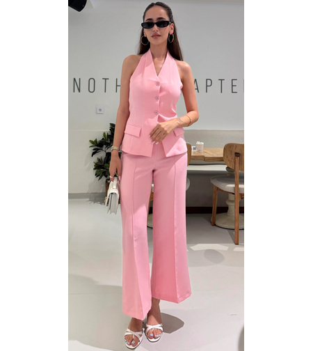 Back Charm  Pink- Костюм от елек с гол гръб и широк панталон