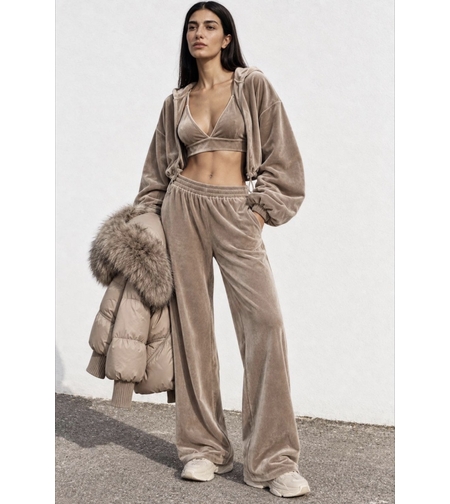 “ Velvet Glow Set “ beige - Велурен спортен екип 3 части