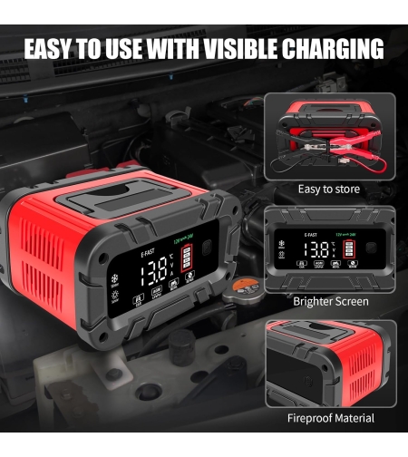 E-FAST 10A зарядно за батерии, подобрено 12V 24V LiFePO4 оловно-киселинно преносимо зарядно за автомобилни батерии, автомобилно зарядно устройство с интелигентен голям дисплей, поддържащо автомобилната батерия с температурна компенсация.