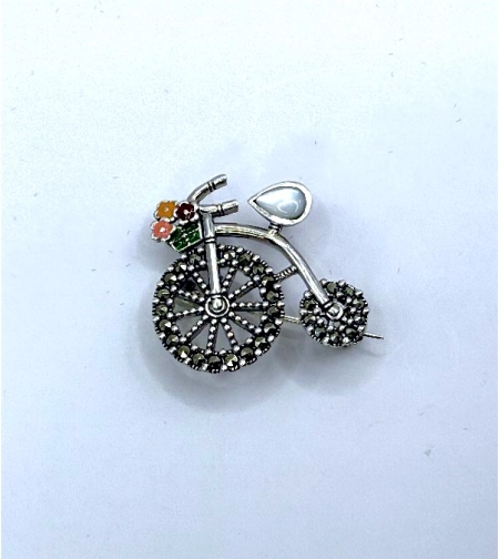 Брошка колело с марказити , емайл и седеф