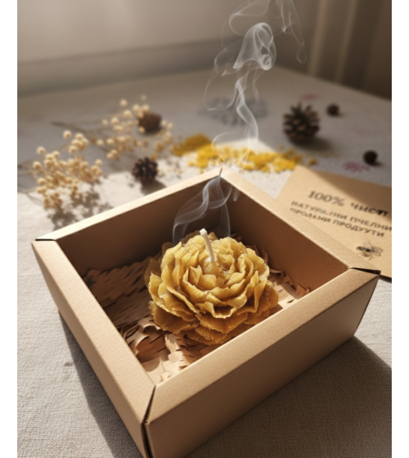 Ръчно изработена свещ от пчелен восък „Цъфнал Божур“ (в подаръчна кутия)