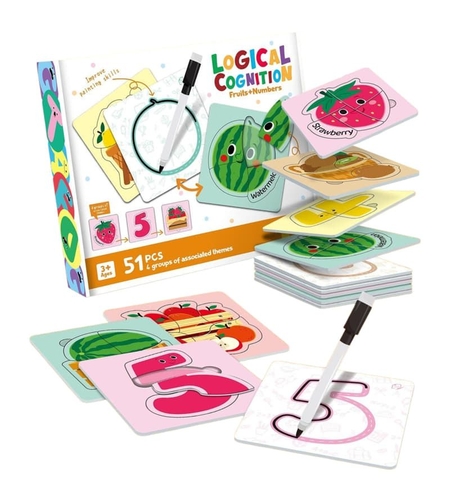 Двулицев пъзел Raya Toys Logical Cognition Плодове и Цифри, с маркер, 51 ч.