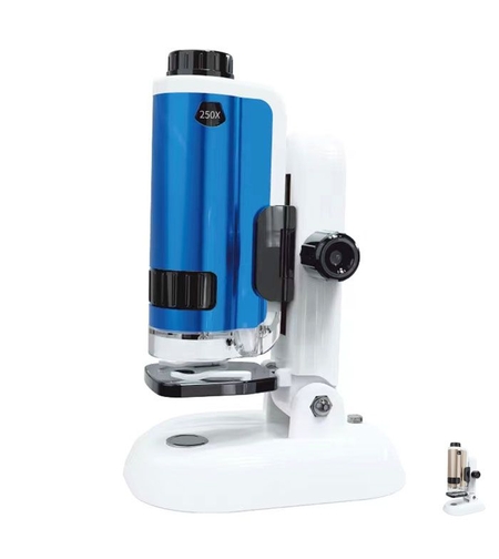 Детски микроскоп Raya Toys Метален, със светлина, с аксесоари, увеличение от 100 до 250 пъти