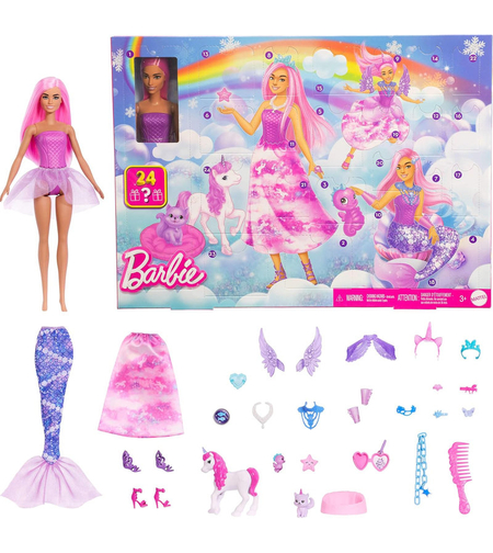 Игрален комплект Mattel Barbie Advent Calendar Dreamtopia, кукла с 24 бр. аксесоари, JFL66