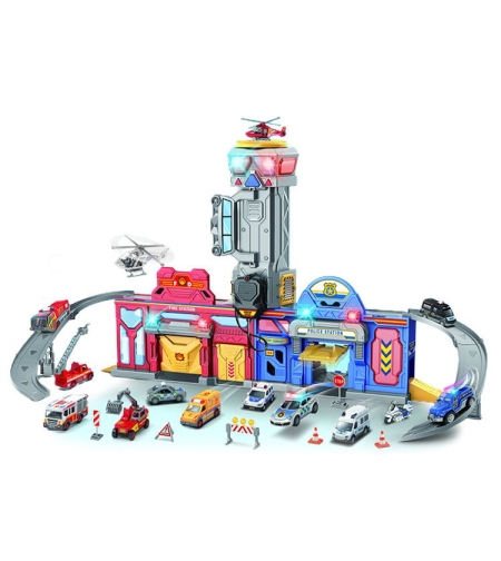 Детски паркинг Raya Toys Пожарна и Полиция със светлини и звуци, с 2 превозни средства