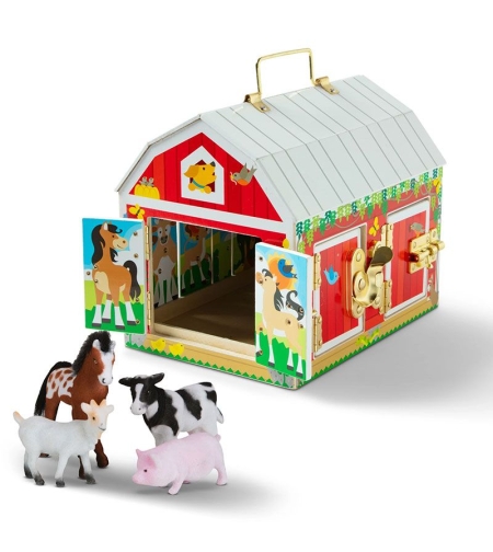 Детска дървена играчка Melissa and Doug Хамбар с врати и ключалки + 4 животни