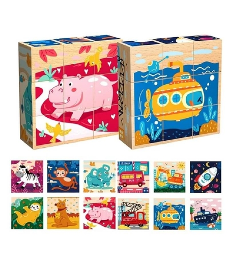 Дървени кубчета пъзел 6 в 1 Raya Toys Животни и Превозни средства
