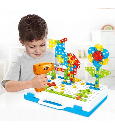 Детска мозайка Raya Toys с винтоверт, шаблони, куфарче и инструменти, 263 части