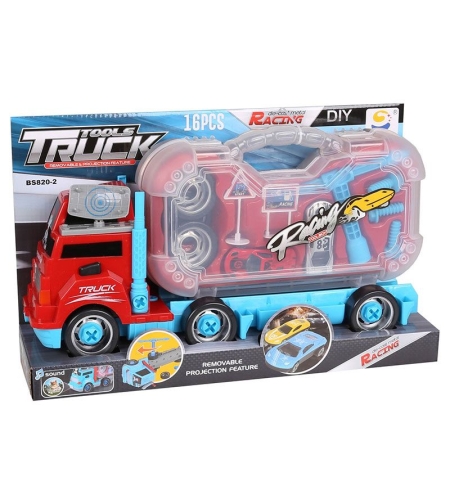Детски камион с куфар Raya Toys с инструменти и коли, със звуци и светлини