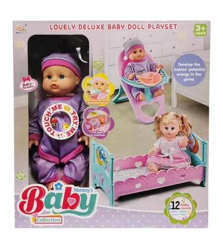 Кукла бебе Raya Toys Mommy's Baby Collection, с легло и стол за хранене, 33 см.