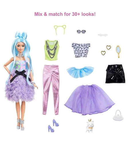 Кукла Mattel Barbie Extra Blue Hair Deluxe с домашен любимец и аксесоари, над 30 визии