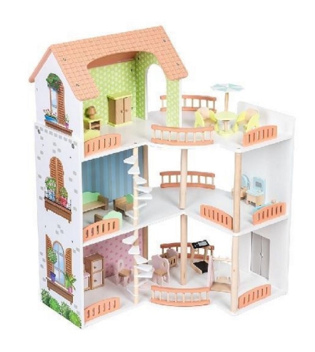 Дървена къща за кукли Raya Toys Вила с 3 етажа, с аксесоари