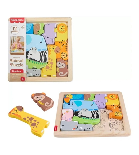 Дървен пъзел с животни Fisher Price, 12 ч.