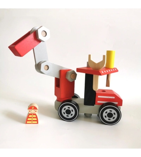 Детско превозно средство за игра Raya Toys Дървена пожарна за сглобяване Червен