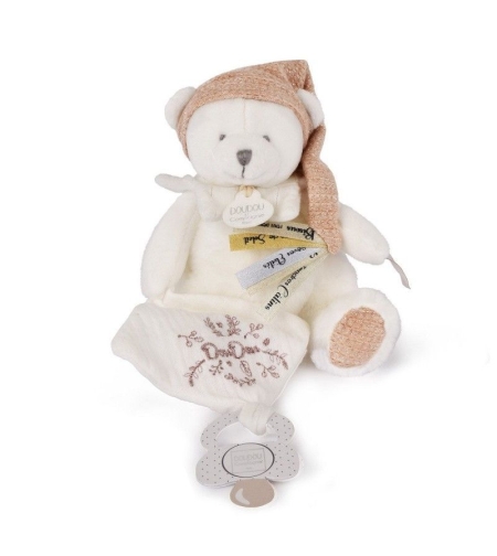 Плюшено мече за гушкане Doudou + кърпа и клипс за залъгалка 20 см, DC4335