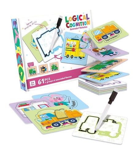 Двулицев пъзел Raya Toys Logical Cognition Животни и МПС, с маркер, 61 ч.