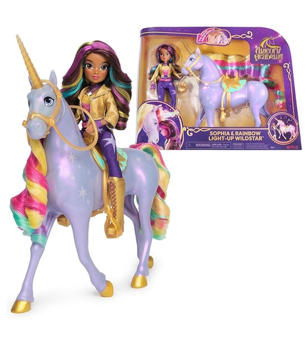 Kомплект интерактивна играчка светещ еднорог и кукла Spin Master Unicorn Academy Sophia & Rainbow Light-Up Wildstar, със звуци и музика